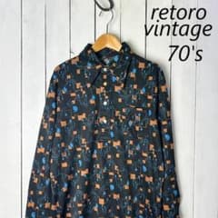 国産レトロ古着 70s 幾何学模様総柄ポリシャツ M程度 黒 オールド 昭和