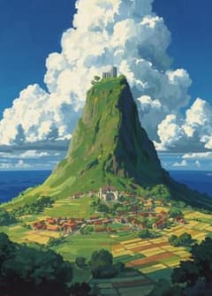 1971 絶景ファンタジー風景画アートポスター海と緑の村アニメ風壁掛け