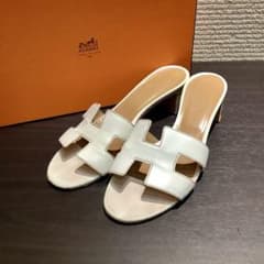 HERMES エルメス オアジス H レザー サンダル ミュール ヒール 白
