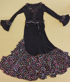 フラメンコ衣装 上下セット 黒×カラフル水玉フリル ウエストリボン付き