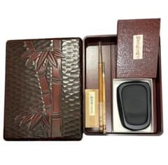 未使用】書道 セット 鎌倉彫 箱 鍋倉山龍渓硯 古梅園 紅花墨 筆 平安堂