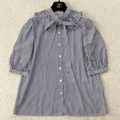 CELINE 現行 ストライプ フリルカラー シルク ボウタイブラウス 34