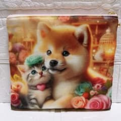 フラットポーチ ハンドメイド 犬柄 柴犬君と子猫ちゃん② 両面パネル