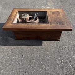 長火鉢 龍文堂酒燗器付 銅蓋 火箸付 囲炉裏座卓 引出し付き 灰付 当時