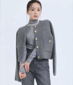 美品】anuans ラクーンブレンドノーカラーニットジャケット GLAY