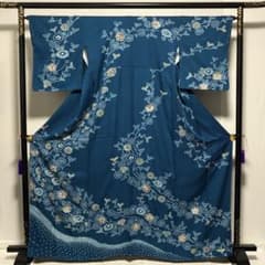 D407 訪問着 絞り ブルー 花模様 正絹 着物 袷 しつけ糸付き未使用極美