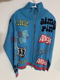 atmos pink × ANGEL BLUE 総柄 ロゴ ニットブルゾン - メルカリ