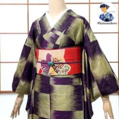 銘仙 着物 袷 正絹 市松 黄緑 紫 アンティーク着物【仕付け糸付】A