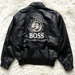 90's✨サントリー BOSS レザージャケット 牛革 ワッペン L ブラック