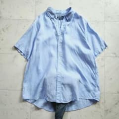 ラルフローレン 麻100% ポニー刺繍 半袖シャツ 水色 ゆったりめ XXL