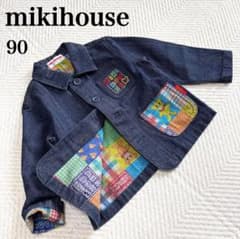 美品✨ミキハウス デニムジャケット パッチワーク風 刺繍ロゴ 青 90
