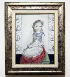 F6号) 藤田嗣治【猫を抱く少女】肉筆/油彩/表裏サイン有/シール有