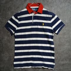 ポロラルフローレン ポロシャツ 太ボーダー 紺×白×赤 襟切替 カスタム