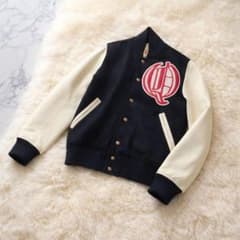 Q♡ キュー スタジャン ネイビー ラムレザー切替 ワッペン - メルカリ