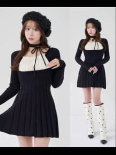 Darich ネックリボンデザインフレアニットミニワンピース - メルカリ