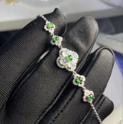 ミャンマー産A貨翡翠 四つ葉クローバー 高冰白冰 ブレスレット 925銀