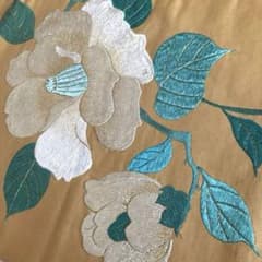 アンティーク名古屋帯 大輪の椿 上質な刺繍 正絹 大正浪漫 淡い辛子色