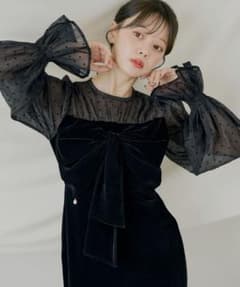 chico オケージョンドレス 配色シアーリボンベロアワンピース ブラック