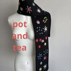 pot and tea 花柄刺繍ニットマフラー ポットアンドティー 黒 ブラック