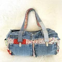 デニムリメイクバッグ パッチワーク 花柄 ボストン ハンドメイド