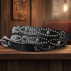 アイ黒□本革レザーフルスタッズナローベルト☆アメカジ古着