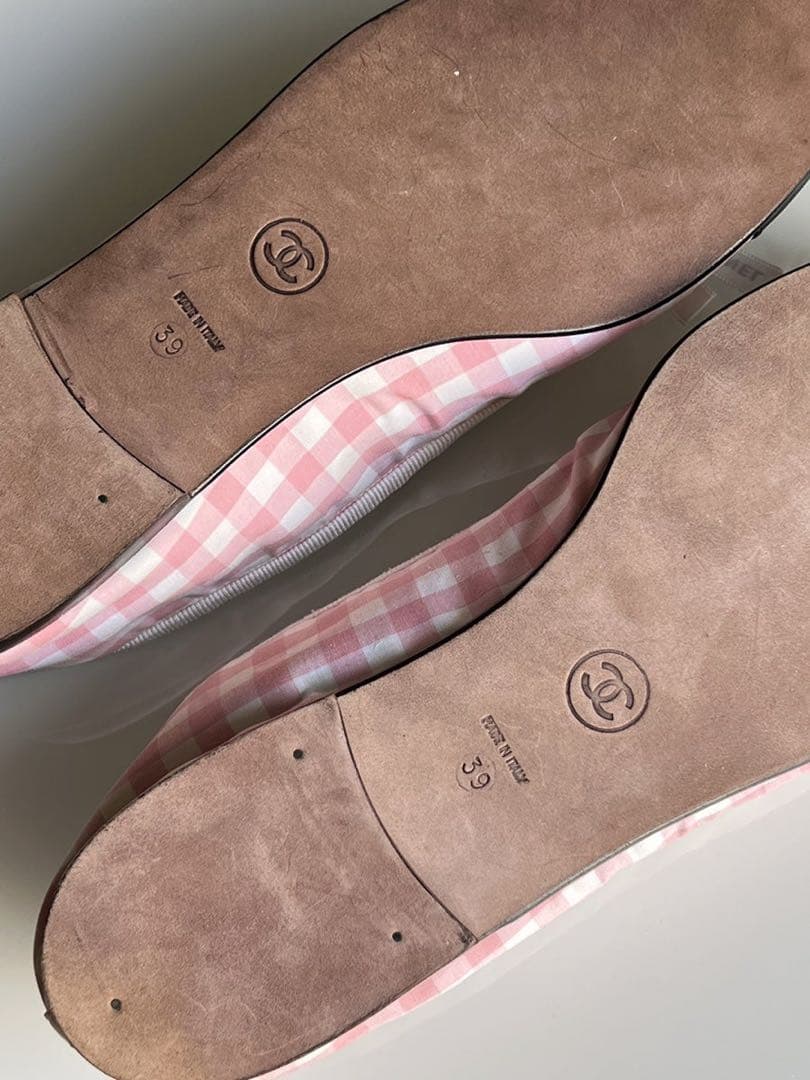 CHANEL シャネル ギンガム チェック リボン フラットシューズ バレリーナ