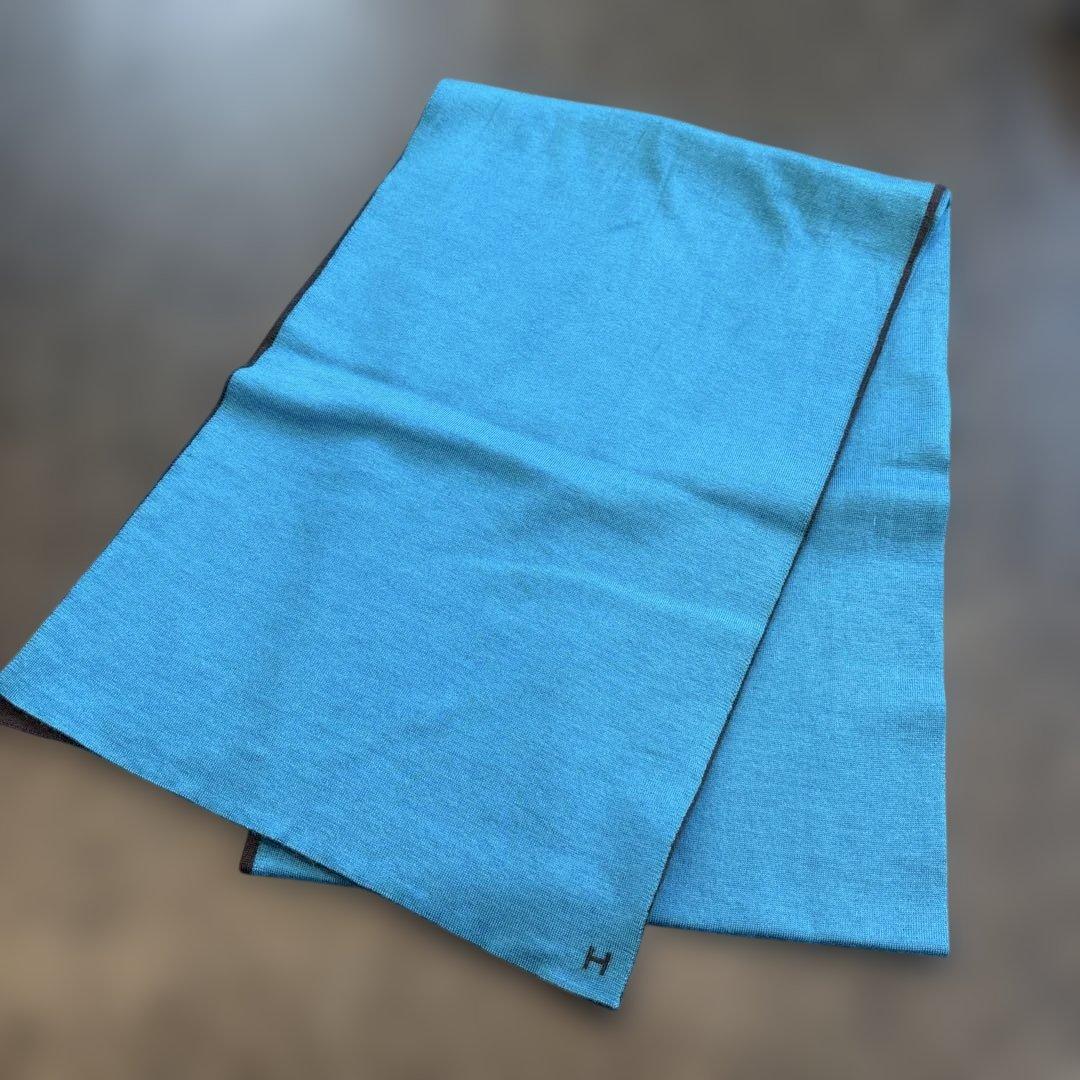 HERMES カシミア　シルク マフラー ブルーブラウン　Hロゴ HERMES - 極美品 エルメス HERMES マフラー ストール ロゴ刺繍