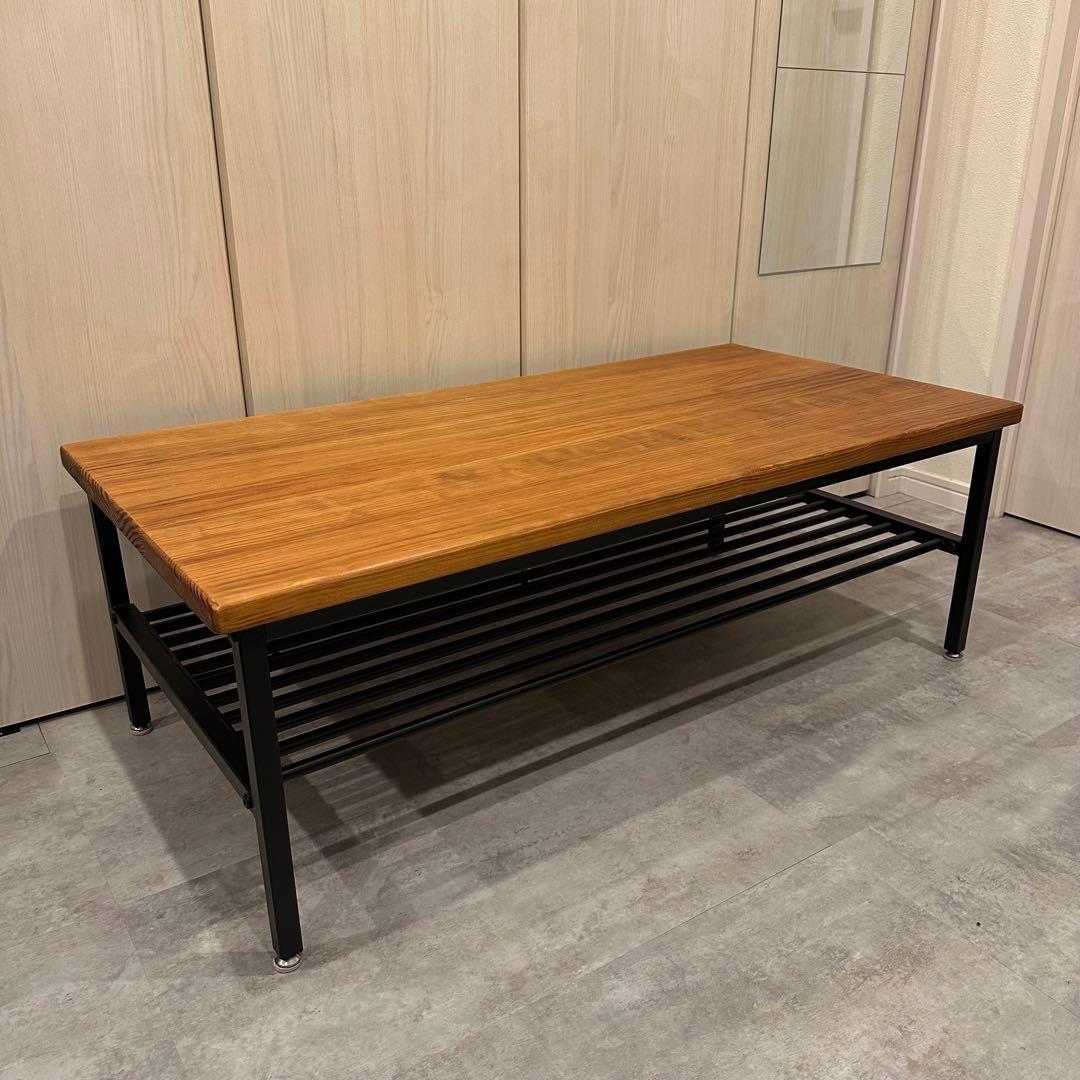 無垢材 センターテーブル 一枚板 棚付き インダストリアル ローテーブル ◇インダストリアルセンターテーブル◇ アイアン棚付き ローテーブル