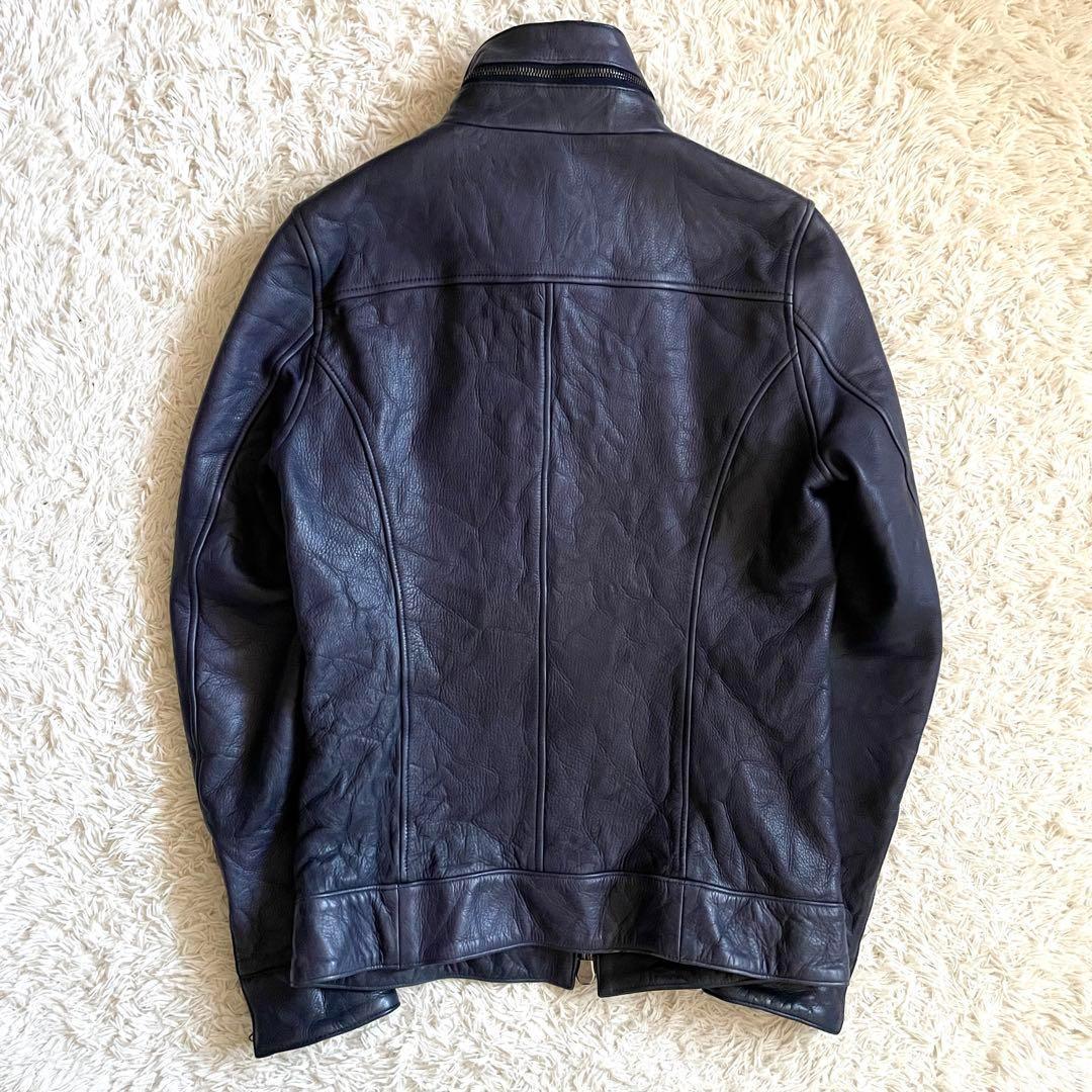 美品】ジュンハシモト インナーライダースジャケット 牛革 シワ加工 紺