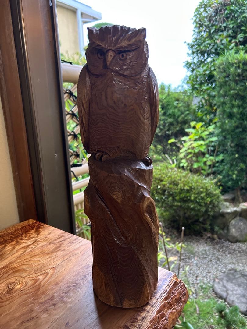 フクロウの木彫彫刻 大場貞義（貞光）作　 【縁起物 希少逸品】送料込み