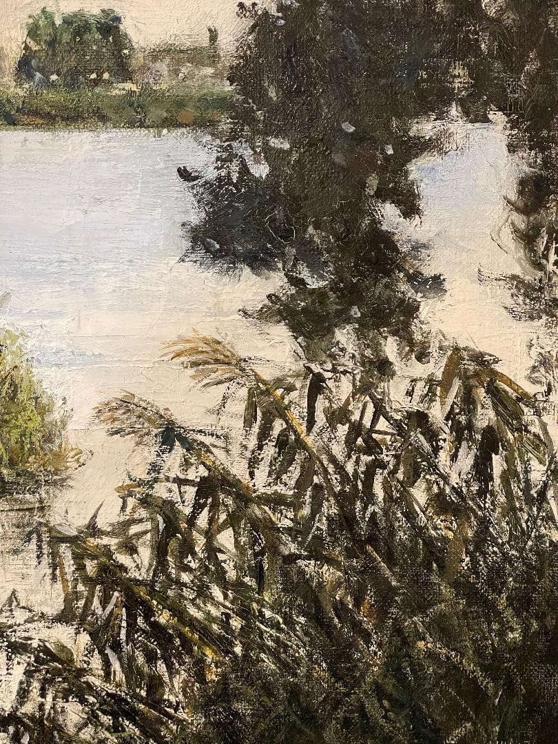 真作」真殿靖「水郷(安土八幡)」風景画 油彩画 額装 サイン有り P20号