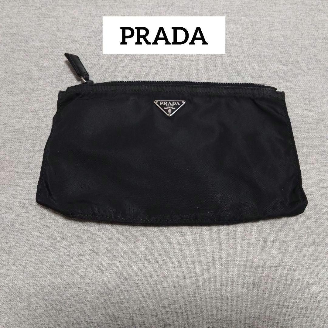 美品/白タグ有】PRADA プラダ ナイロン フラットポーチ 黒 三角タグ