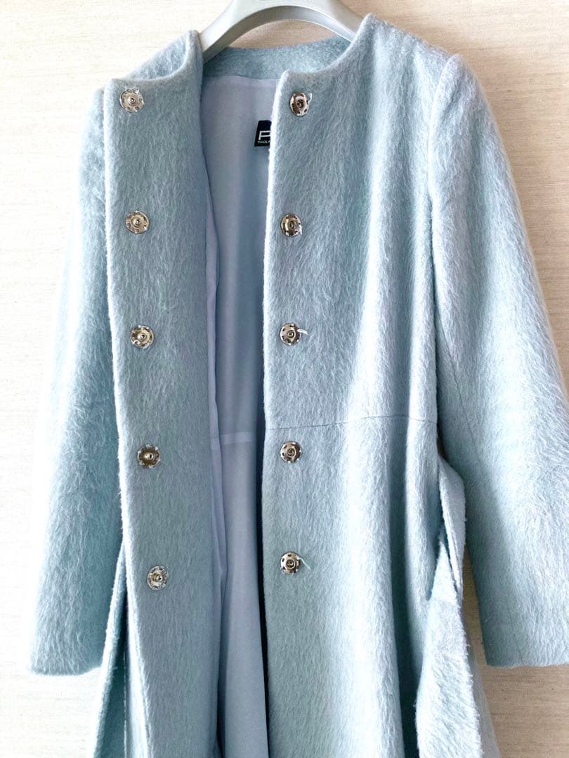 美品 パオラフラーニ ロングコート ノーカラー 共布ベルト付 水色