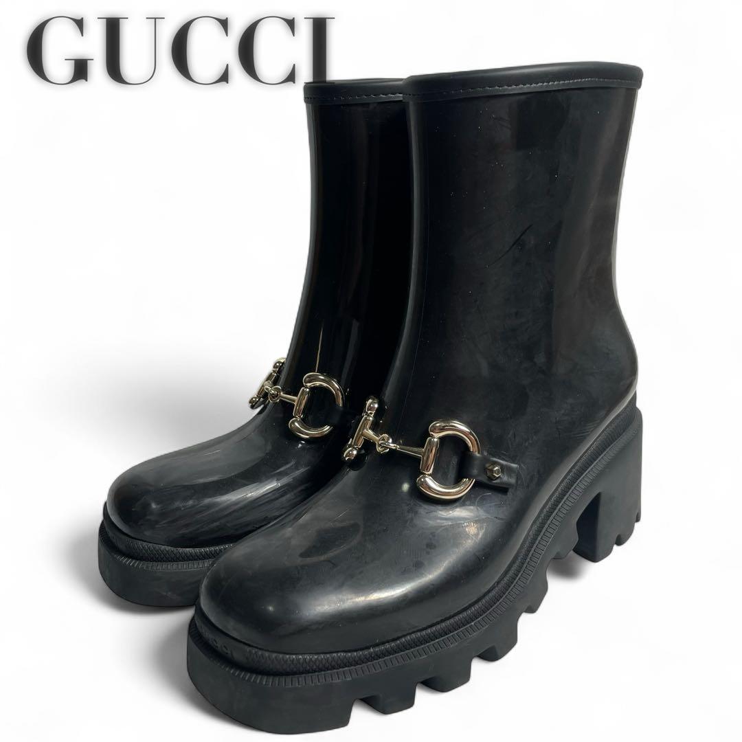 GUCCI ホースビット黒 ラバー ショートレインシューズサイズ 38 GUCCI（グッチ） ホースビット クリーパーローファー シューズ