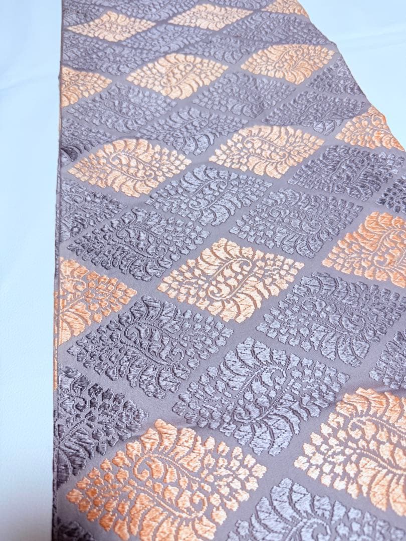 高級 袋帯 正絹 六通柄 総唐織 薄紫色 オレンジ 菱形 フォーマル 約60