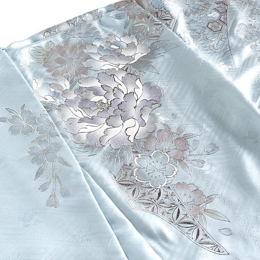 専用 ご予約 振袖 未仕立て 仮絵羽 アイスブルー 牡丹 桜 熨斗目 銀彩