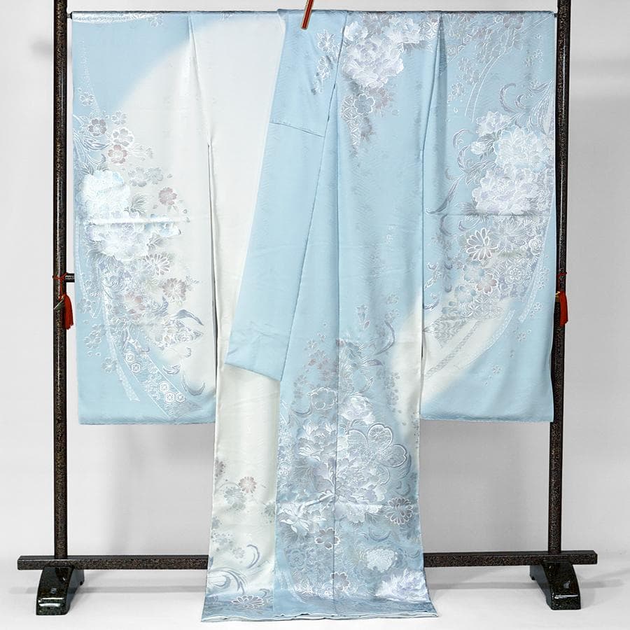 専用 ご予約 振袖 未仕立て 仮絵羽 アイスブルー 牡丹 桜 熨斗目 銀彩