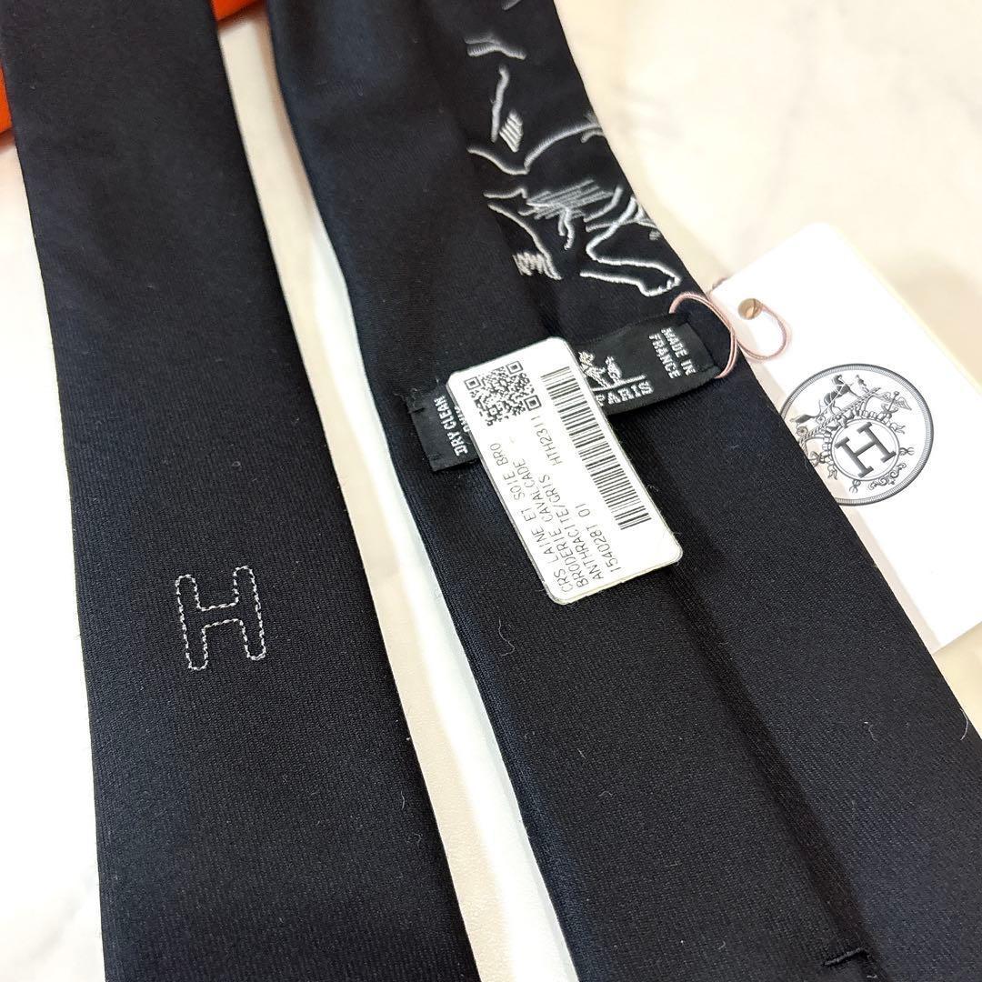 超希少 タグ付き 未使用 エルメス 馬の刺繍 ネクタイ ソリッド 黒 箱