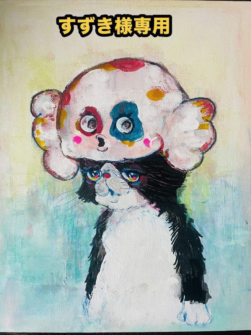カラフルな猫のポップアート絵画 カラフルな猫のアクリル絵画 抽象画 POPアート 「猫の春ちゃん」20×20