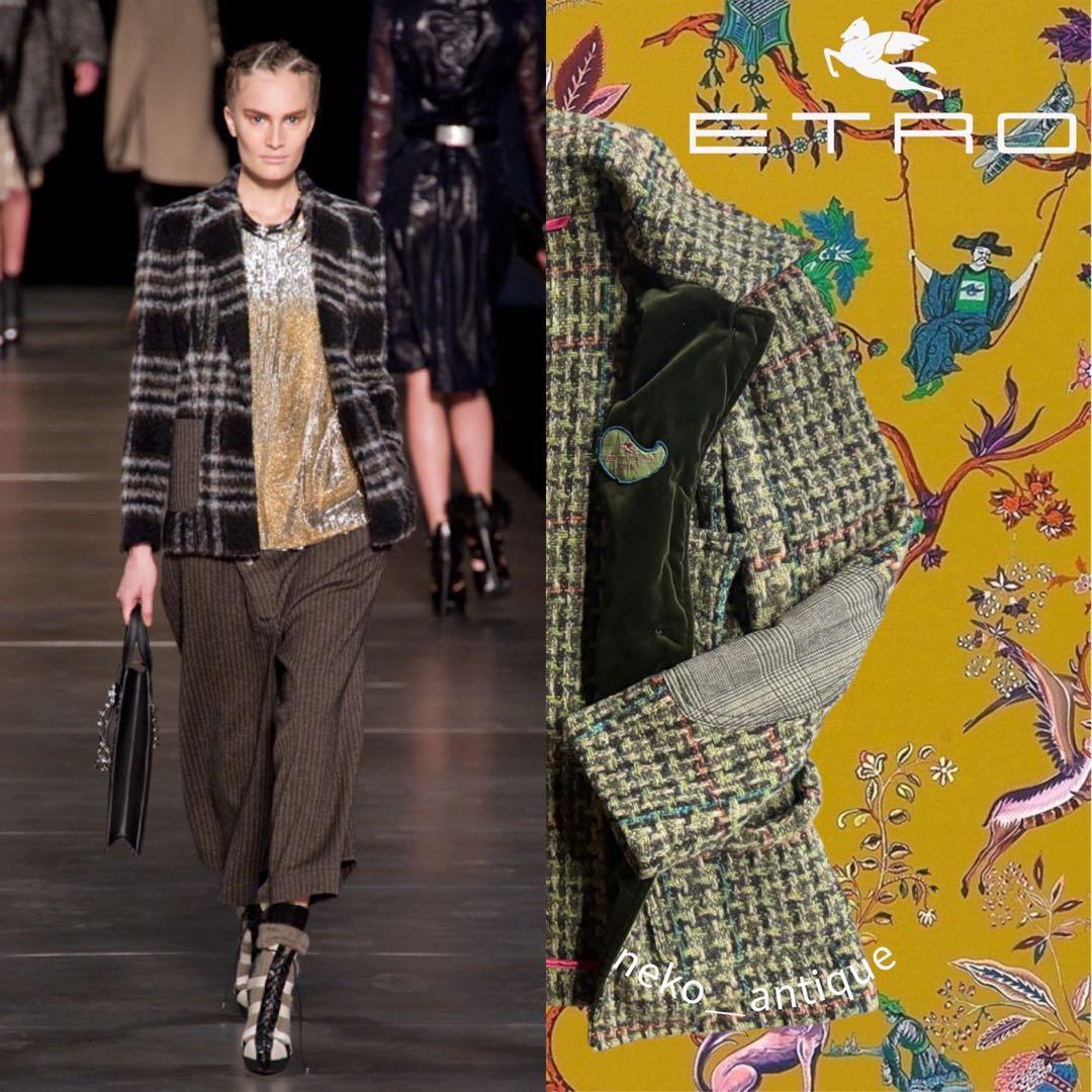 イタリアエトロETROグリーンツイードジャケットコートベロアチェック