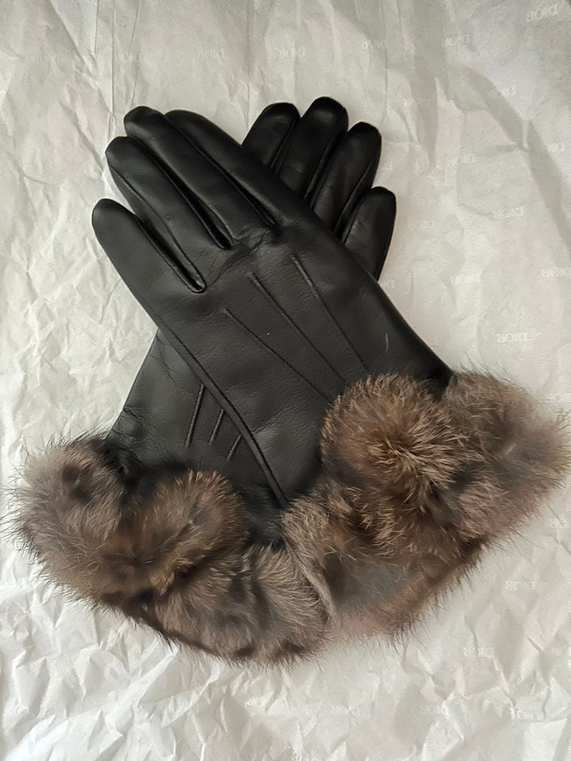 新品【フルラ】FURLA レディース 黒 本革レザー ファー付き手袋 20cm