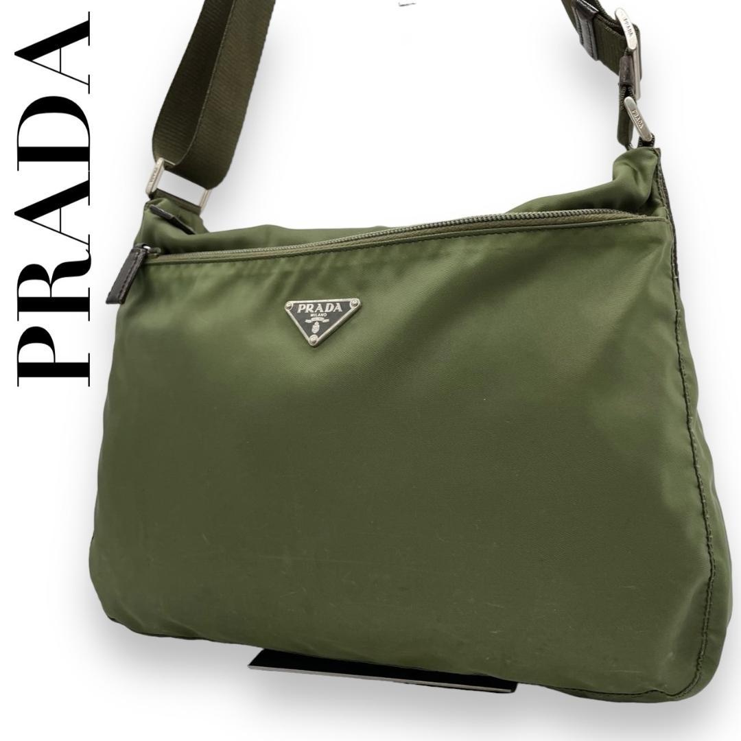 良品 PRADA プラダ O ナイロン カーキ 緑 ショルダーバッグ 三角ロゴ
