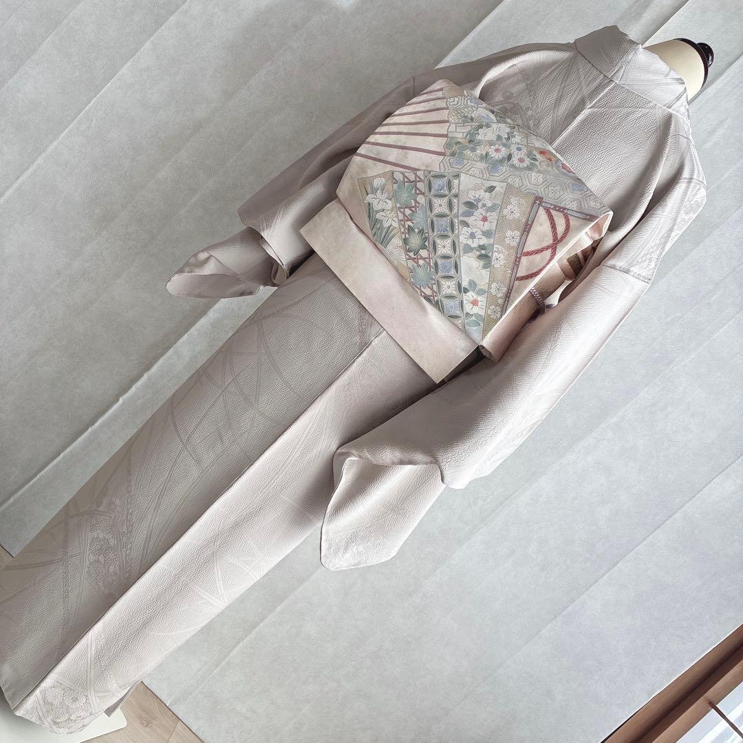 色無地 フルセット 着物 正絹 しつけ糸付き ホワイトグレー 一つ紋 G4