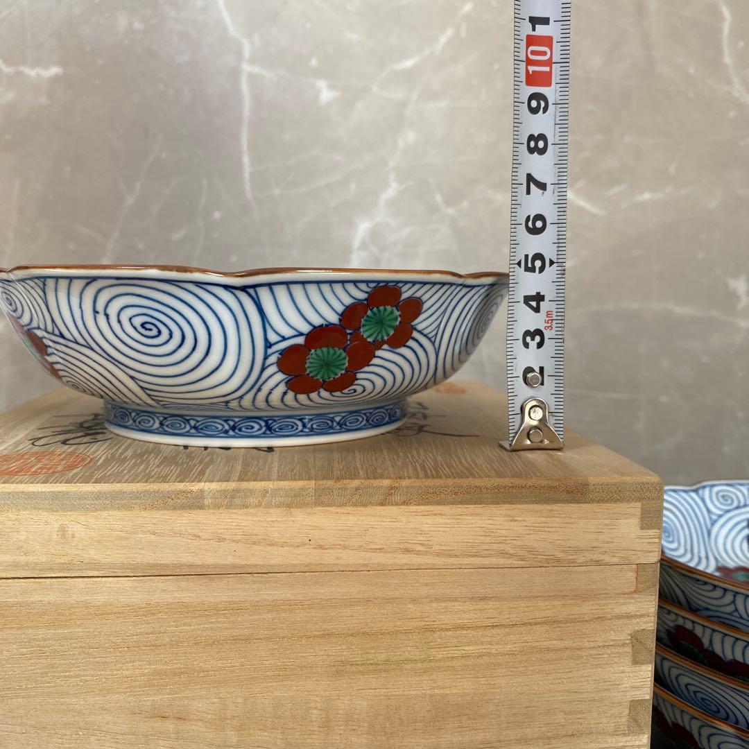 館林喜助　染錦渦梅向付　赤濃梅小鉢　5枚　美品