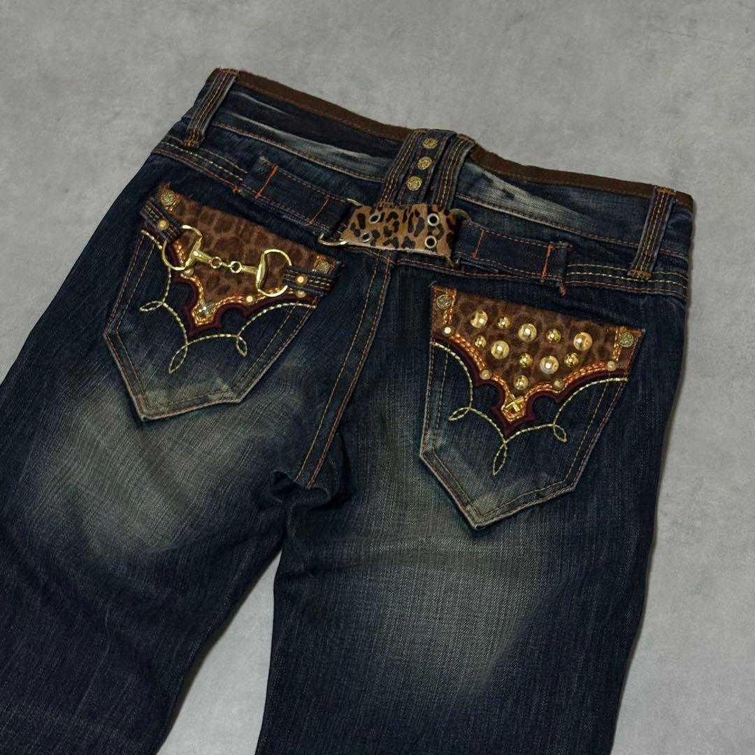 Y2K 00s ギャル レッドペッパー フレアデニム スタッズ刺繍 ヒョウ柄