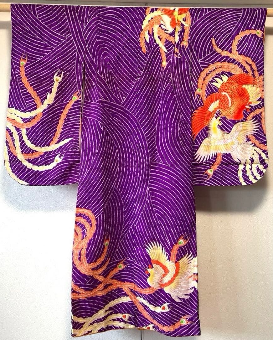 □七五三 正絹女児振り袖着物 鳳凰 金駒刺繍 紫色系 - メルカリ