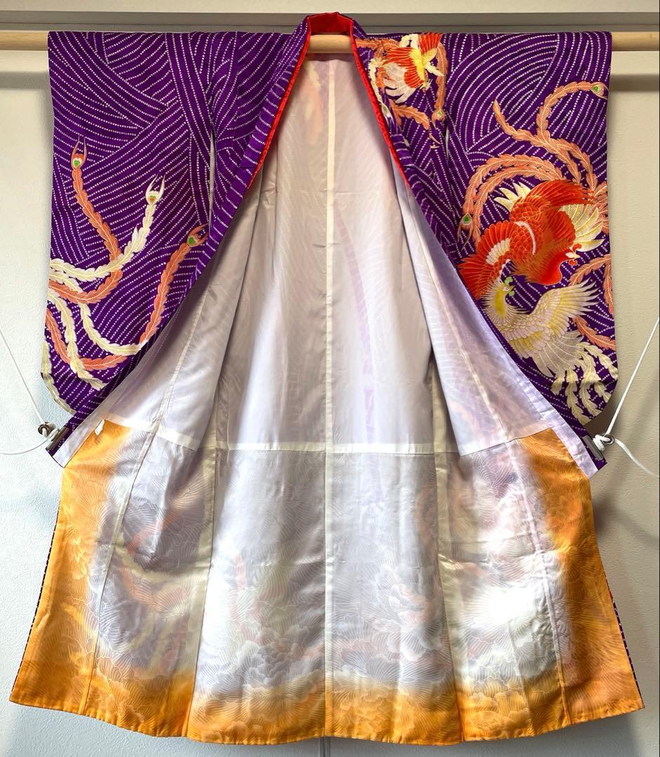 □七五三 正絹女児振り袖着物 鳳凰 金駒刺繍 紫色系 - メルカリ