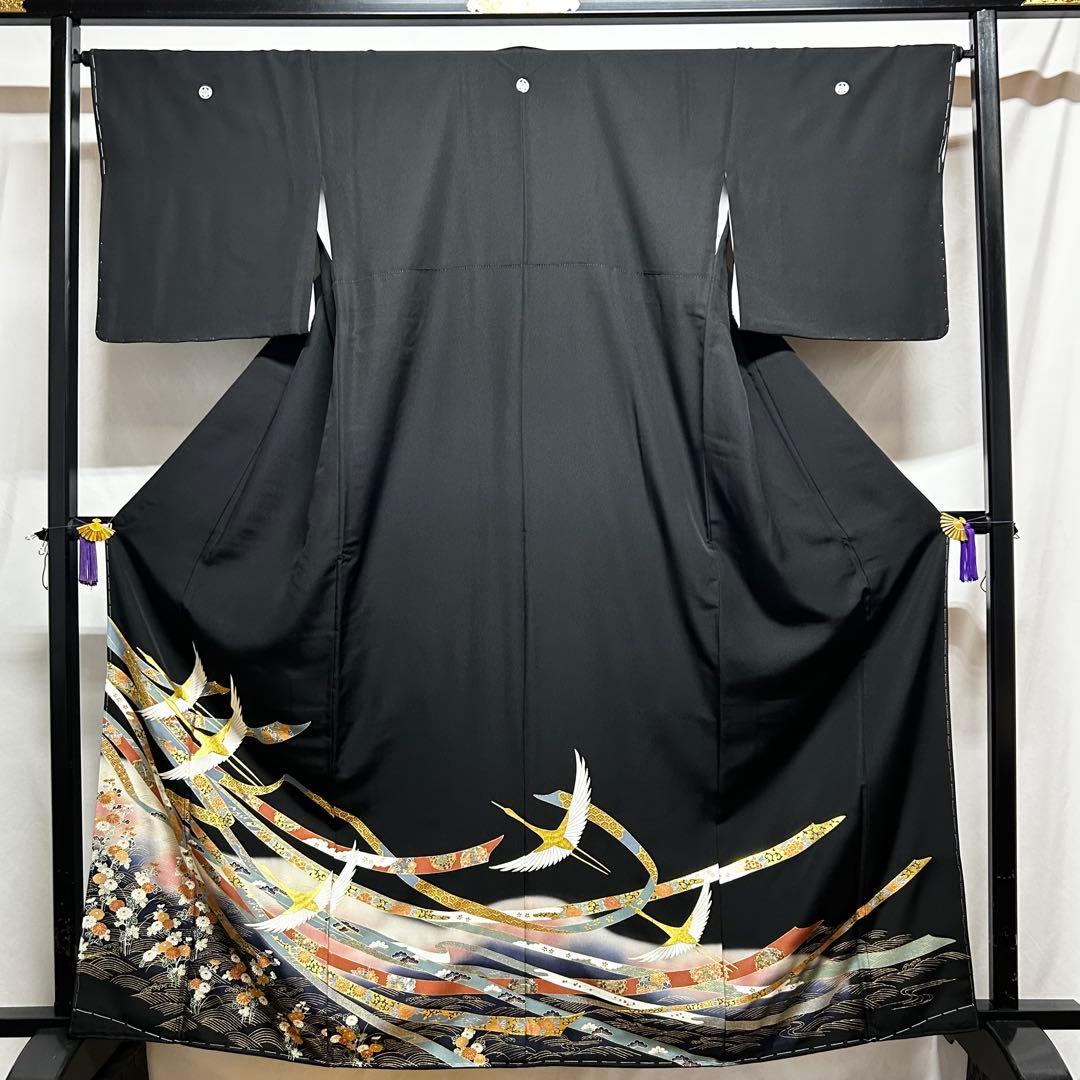 【654】友禅•金箔•金駒刺繍 黒留袖 楽天市場】着物 京友禅 黒留袖 金駒刺繍 金彩金駒刺繍加工 乱菊に鶴