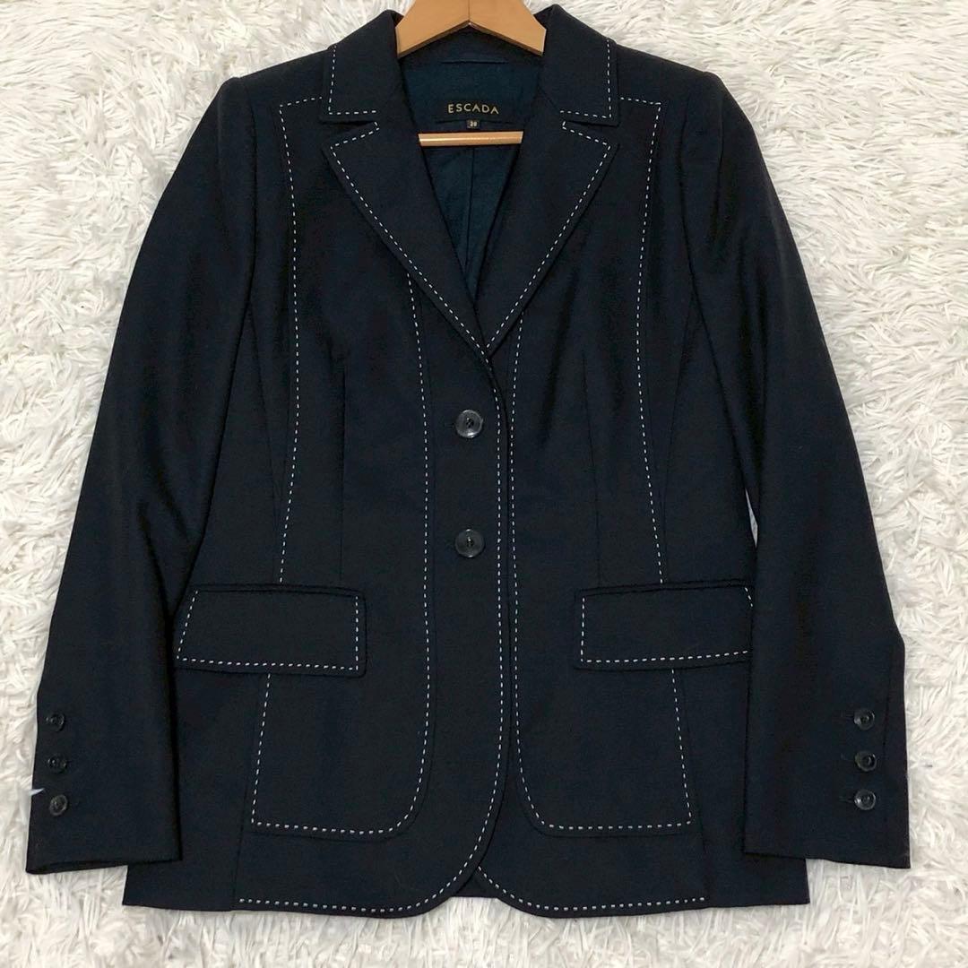 美品◎ESCADA テーラードジャケット ステッチ ネイビー 38サイズ
