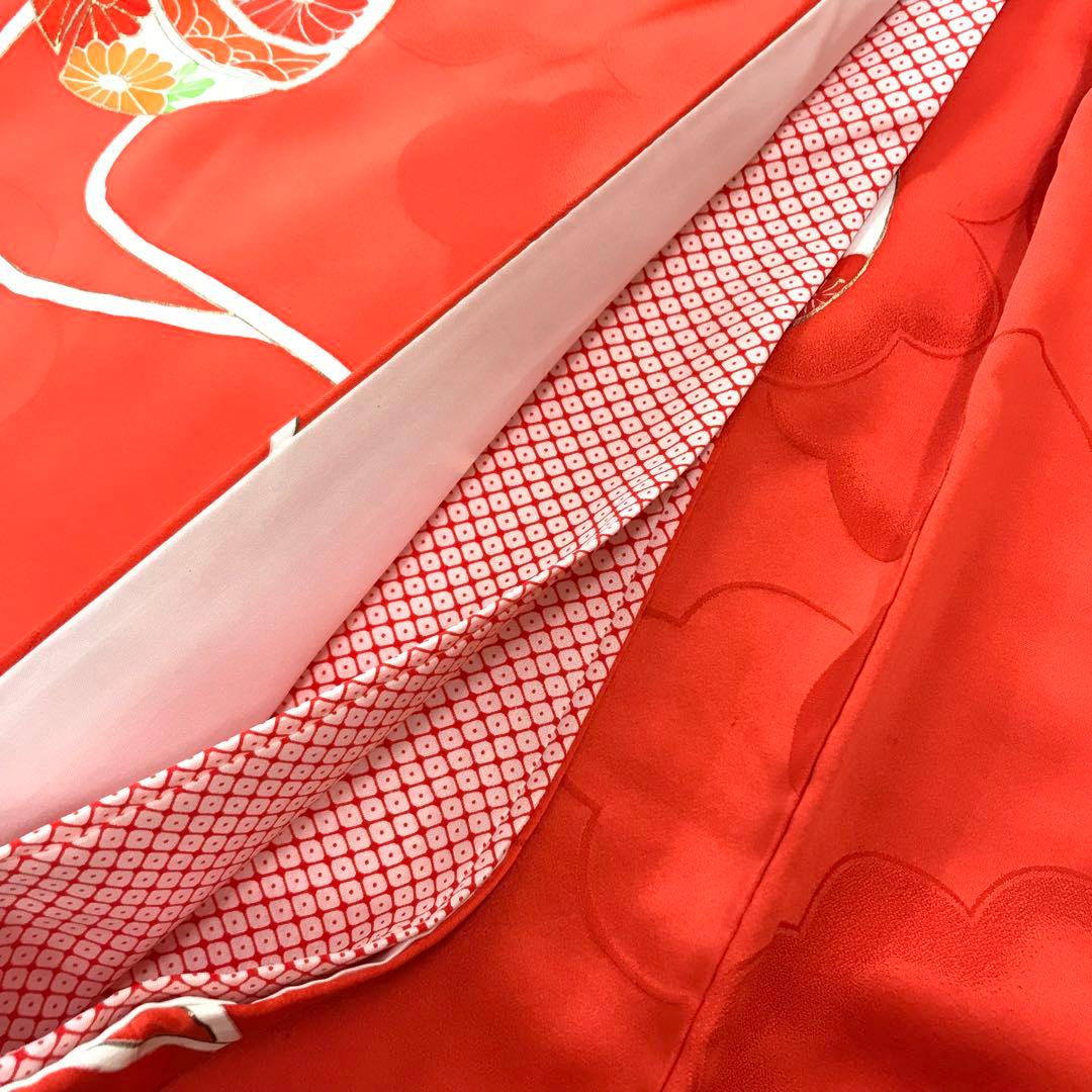 梅乃【082】正絹 7歳 四つ身 着物 朱色 鈴 手描き友禅 本加工 上質